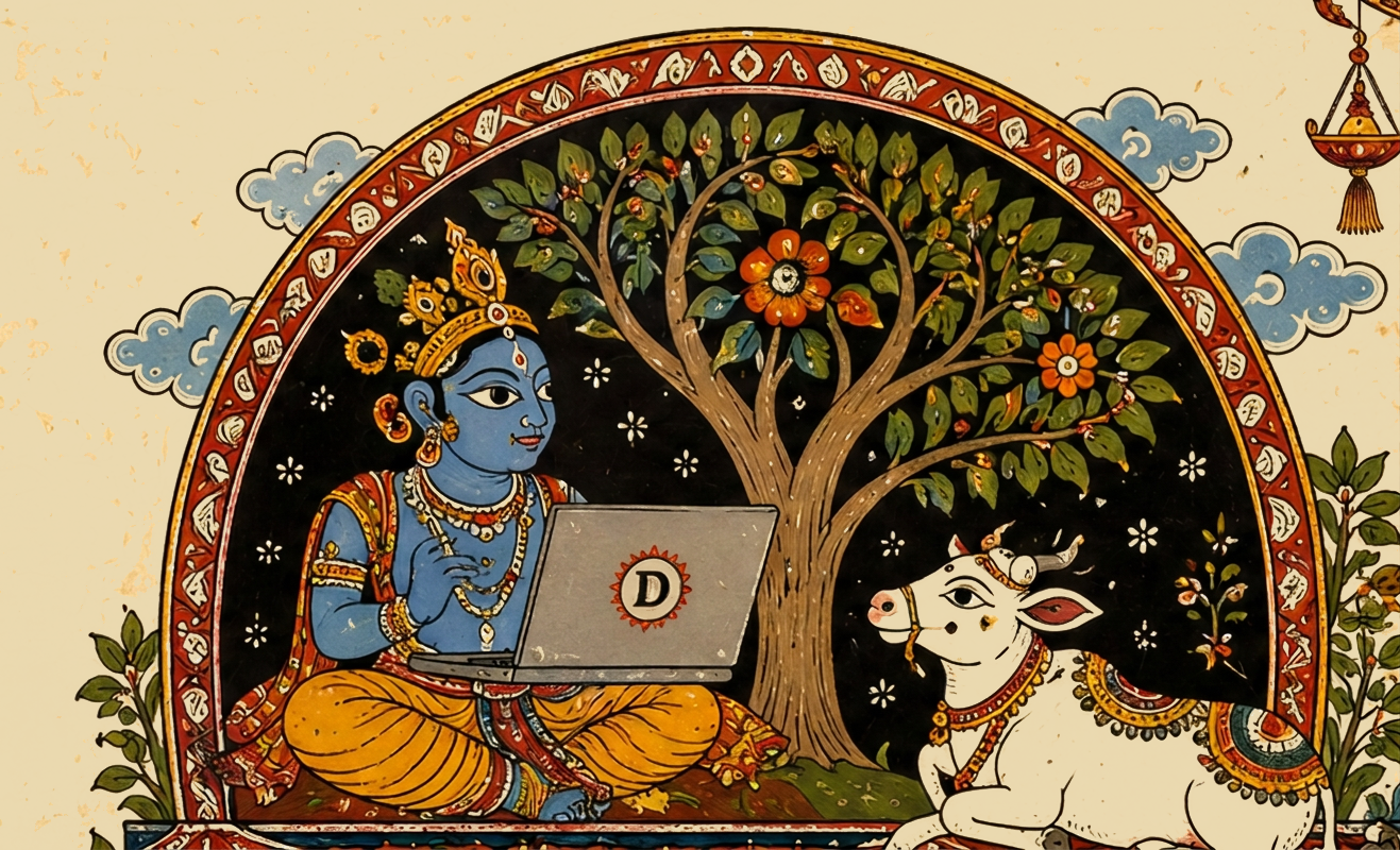 Krishna seated under a kadamba tree working on a laptop beside a sacred cow