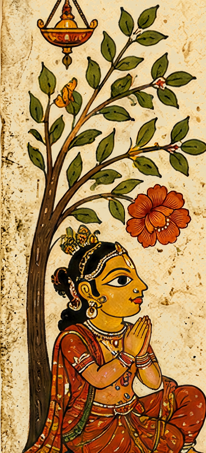 Traditional figure in namaste beneath a flowering tree